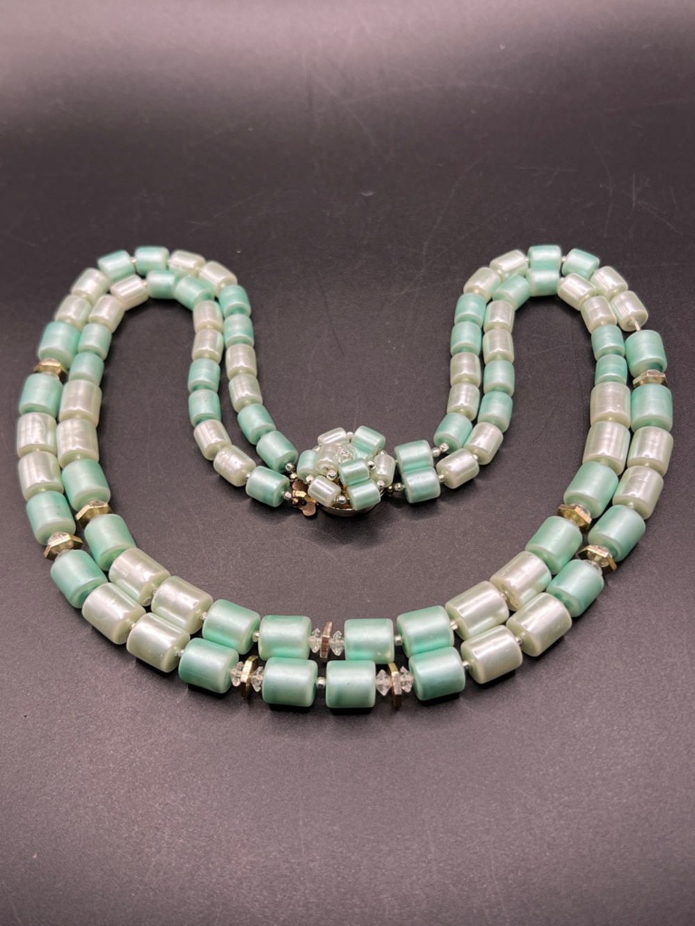 Vintage Japan Mint Green Beaded Double Strand Necklace